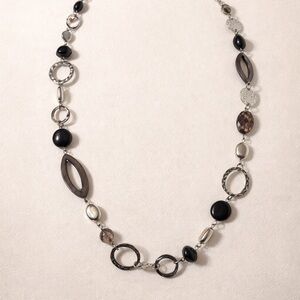 Long Black and Silver Tone Linked Bead Statement Necklace